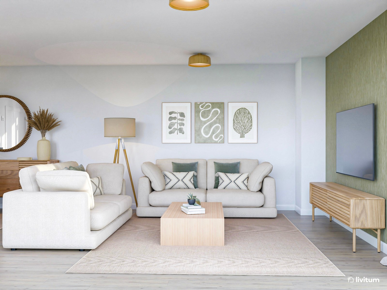 Salón comedor nórdico de tonos claros con detalles en verde