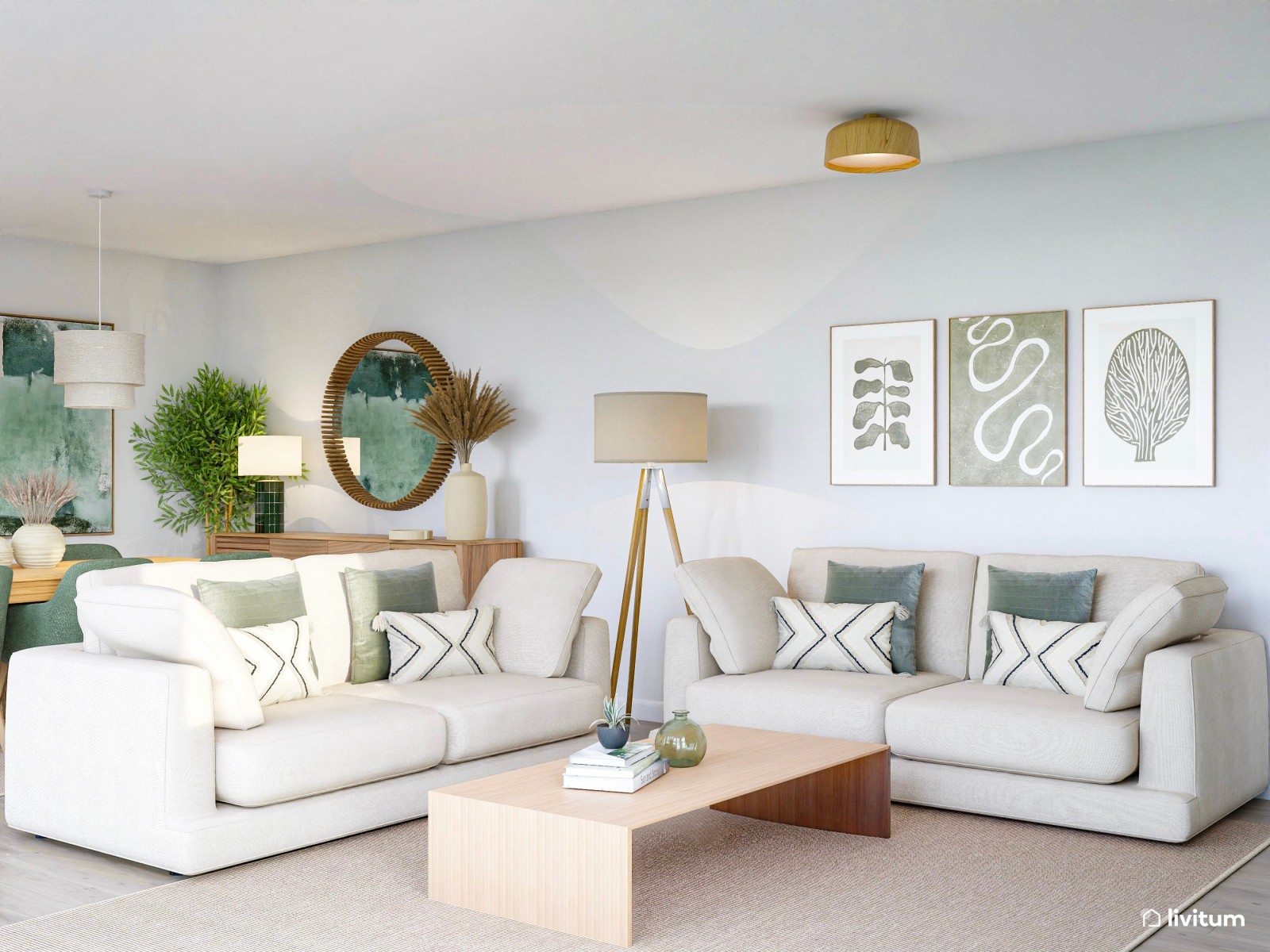 Salón comedor nórdico de tonos claros con detalles en verde