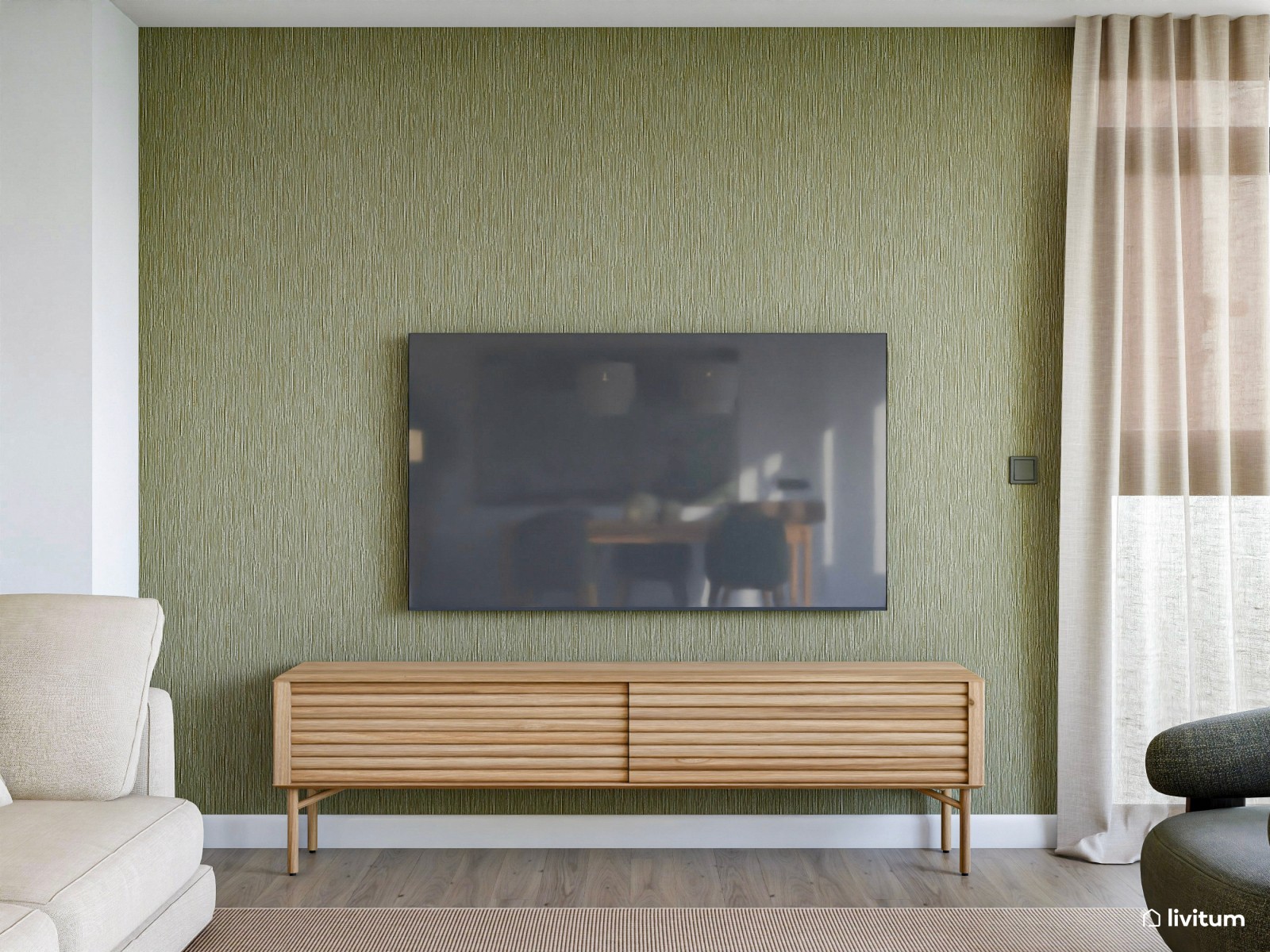 Salón comedor nórdico de tonos claros con detalles en verde