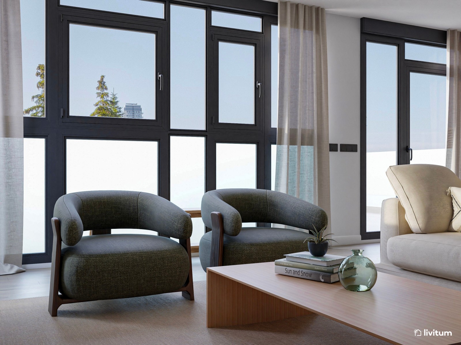 Salón comedor nórdico de tonos claros con detalles en verde