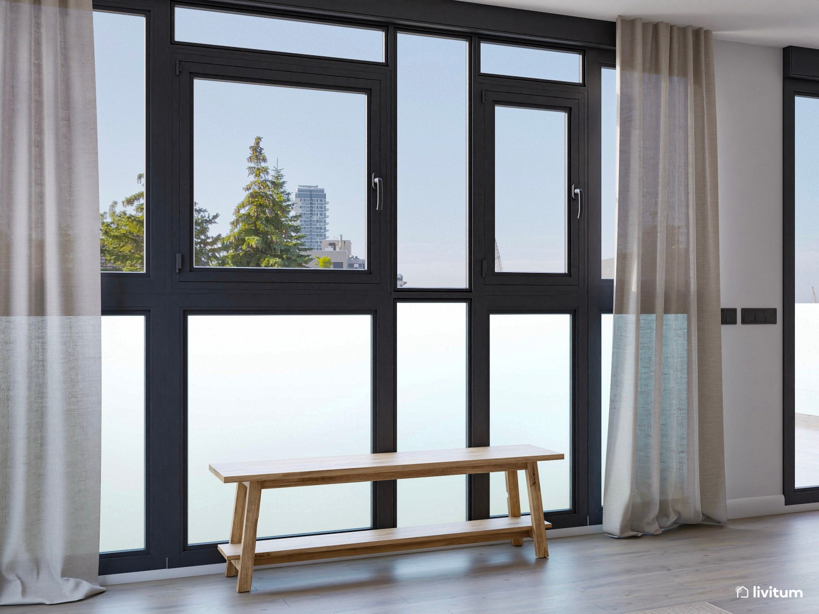 Salón comedor nórdico de tonos claros con detalles en verde