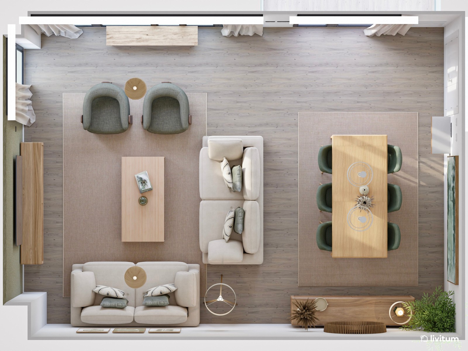 Salón comedor nórdico de tonos claros con detalles en verde