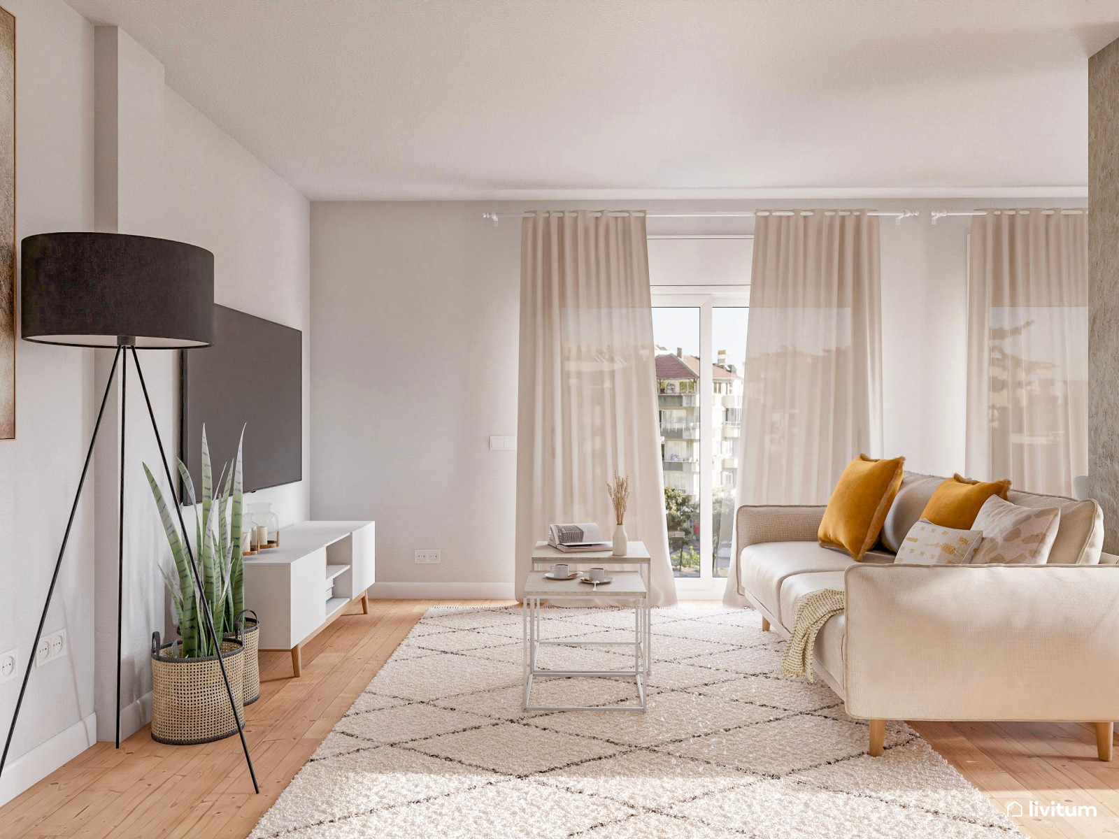 Salón comedor nórdico decorado con tonos muy claros