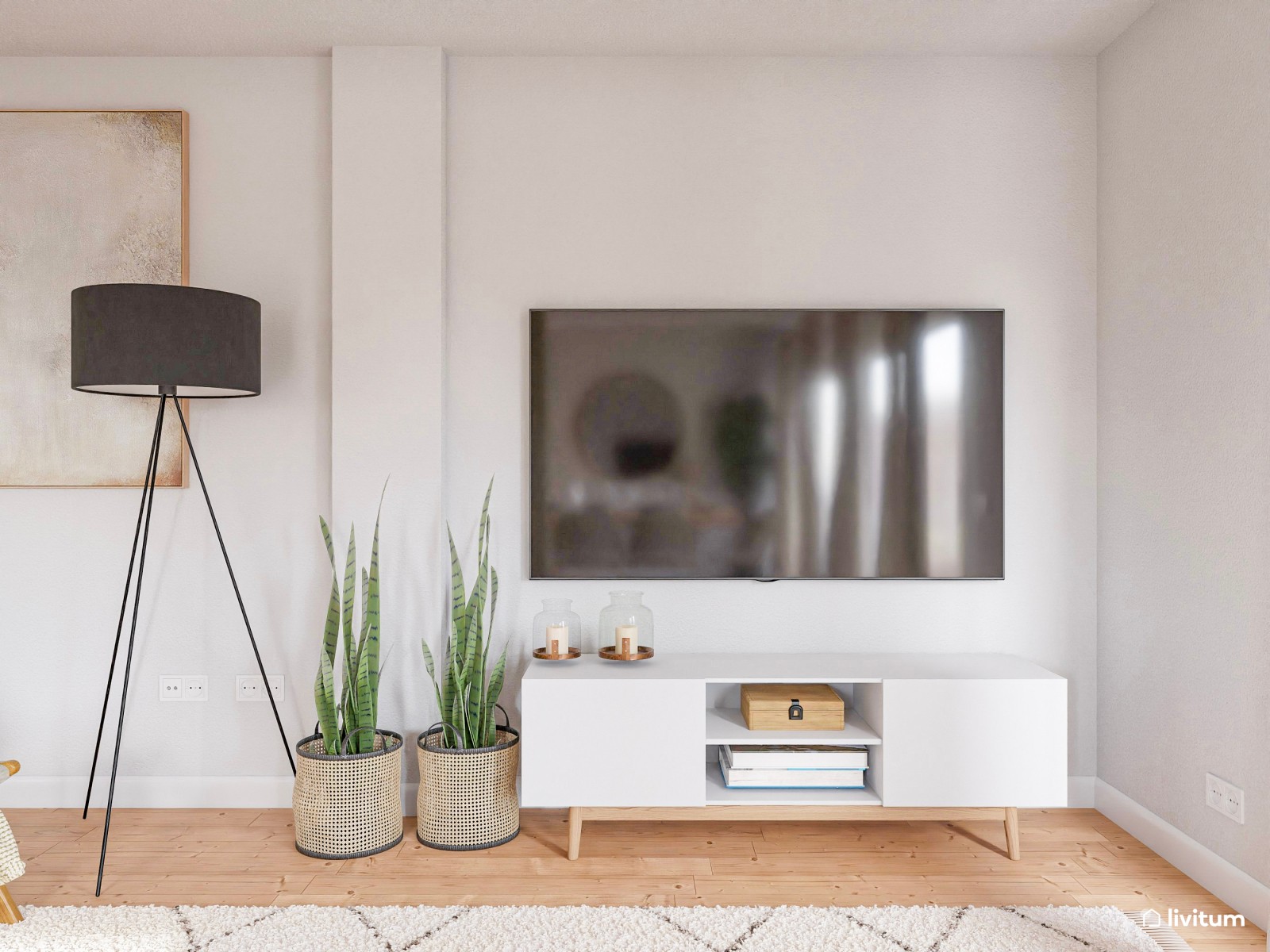 Salón comedor nórdico decorado con tonos muy claros