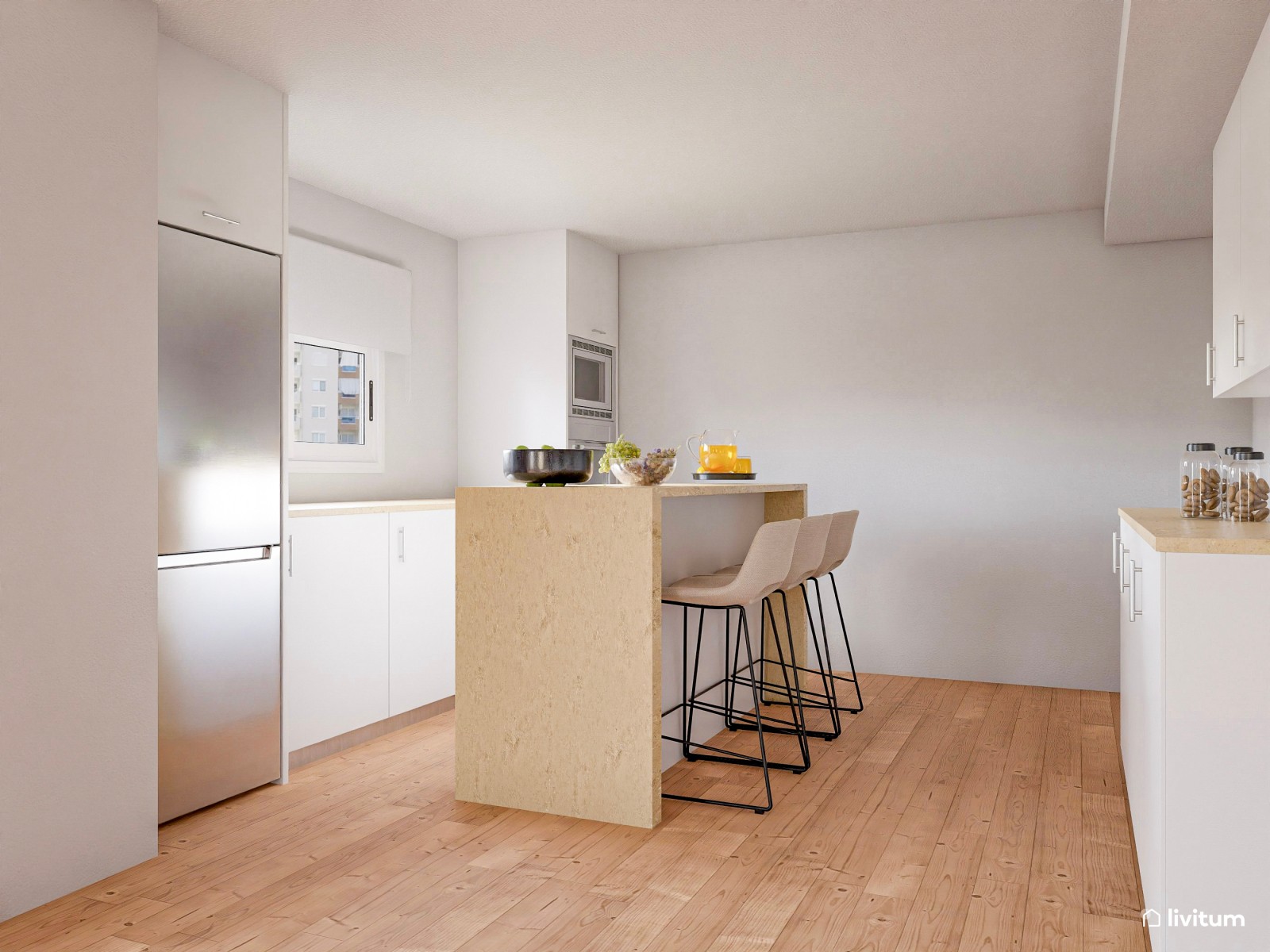 Salón comedor nórdico decorado con tonos muy claros