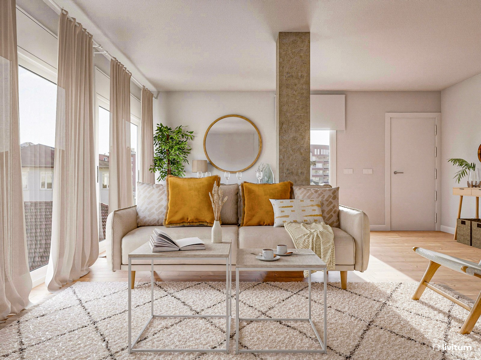 Salón comedor nórdico decorado con tonos muy claros