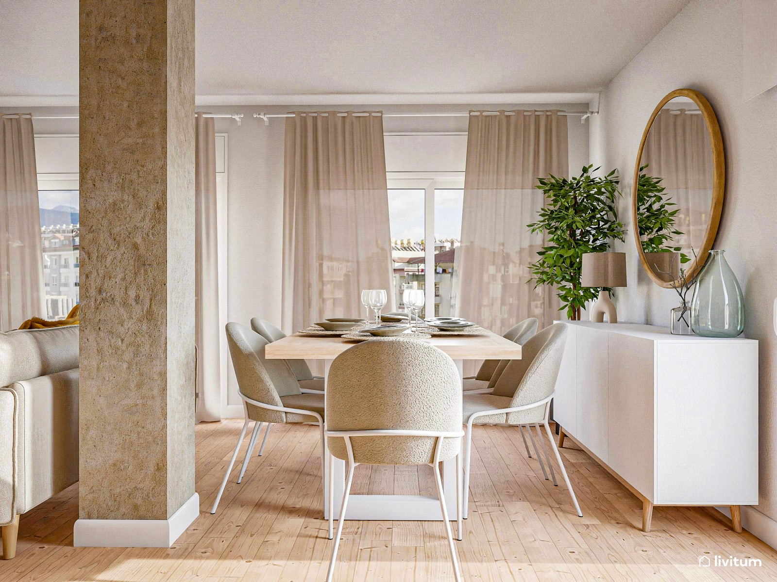 Salón comedor nórdico decorado con tonos muy claros