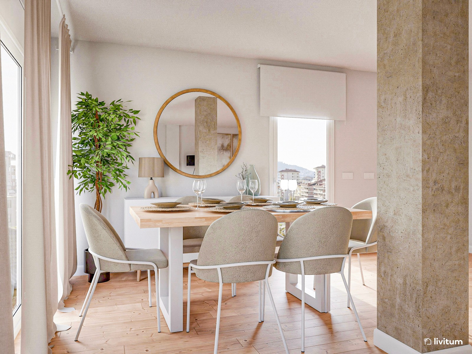 Salón comedor nórdico decorado con tonos muy claros