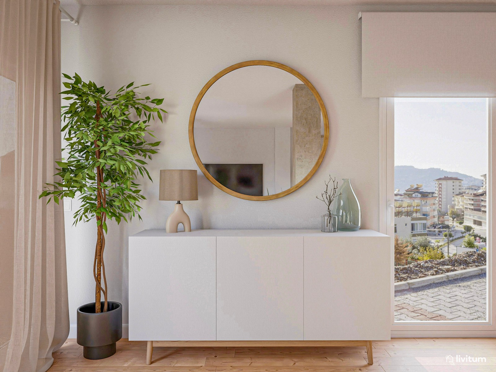 Salón comedor nórdico decorado con tonos muy claros
