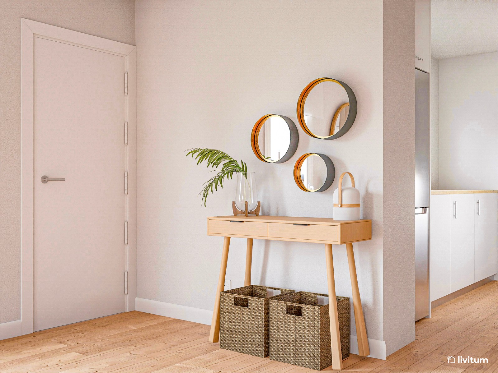 Salón comedor nórdico decorado con tonos muy claros
