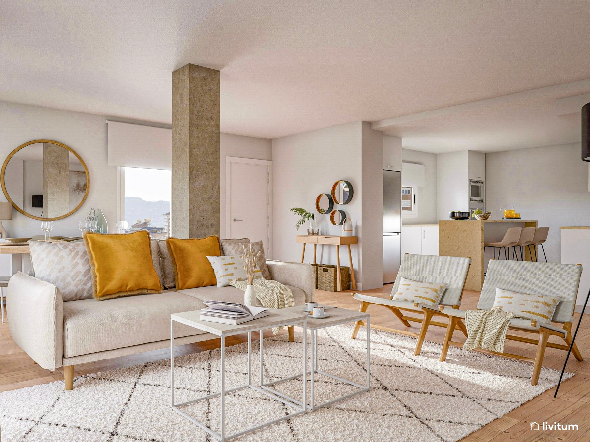 Salón comedor nórdico decorado con tonos muy claros
