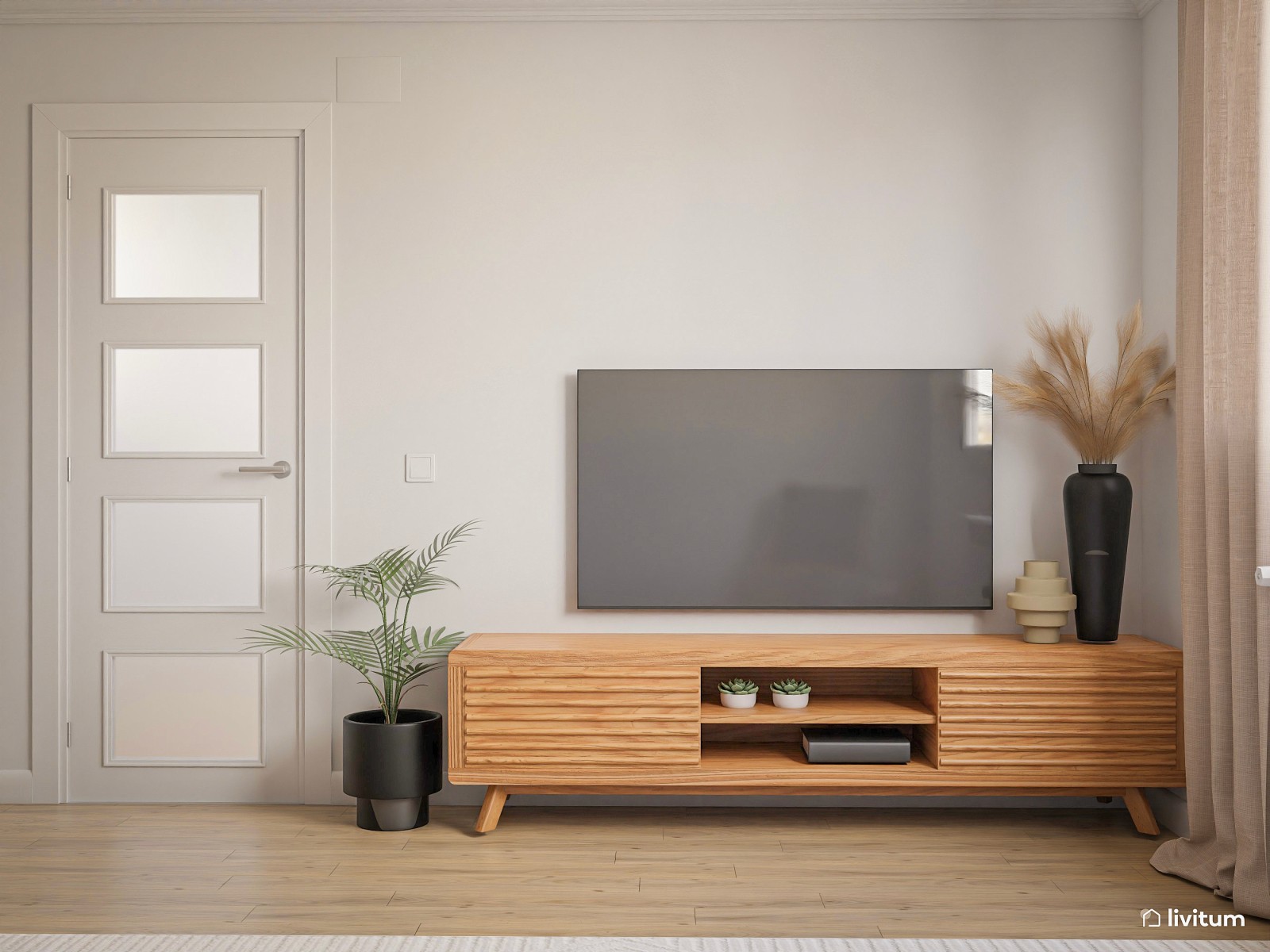 Salón comedor nórdico e industrial con una bonita escalera 