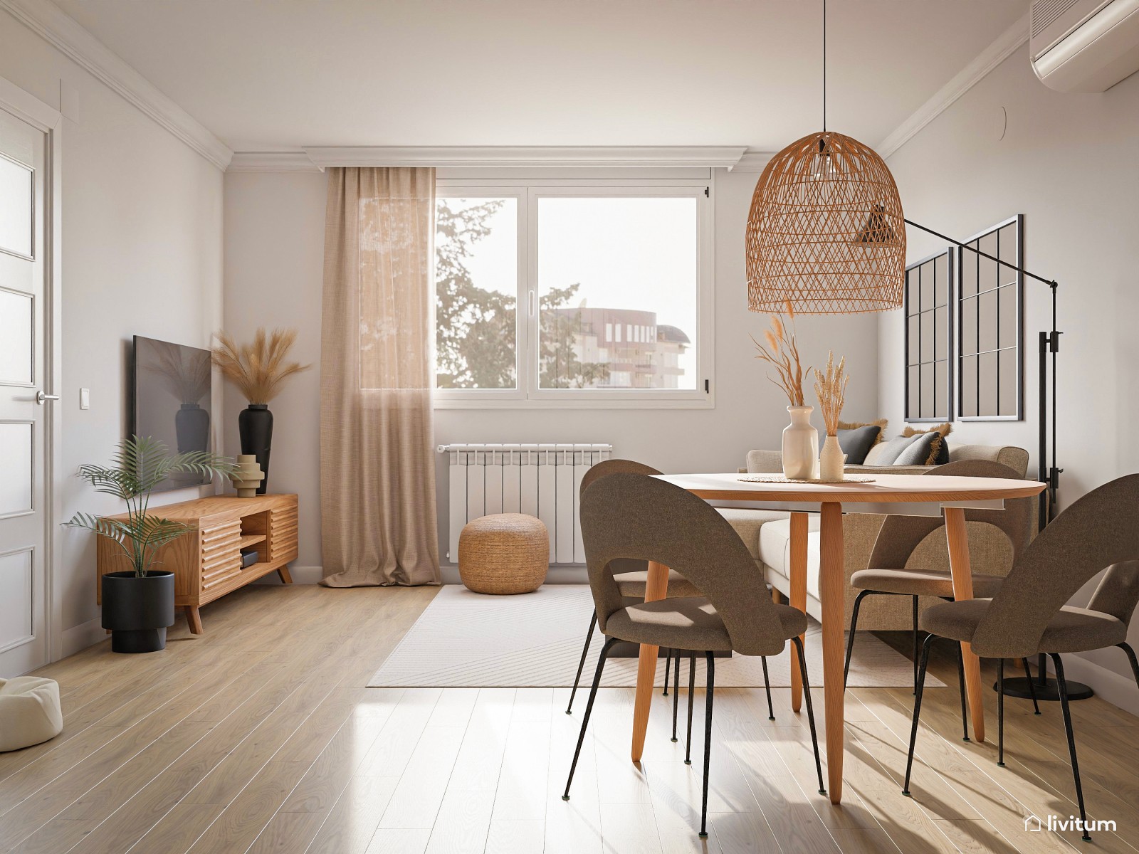 Salón comedor nórdico e industrial con una bonita escalera 