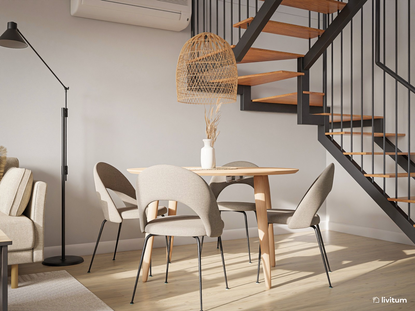 Salón comedor nórdico e industrial con una bonita escalera 