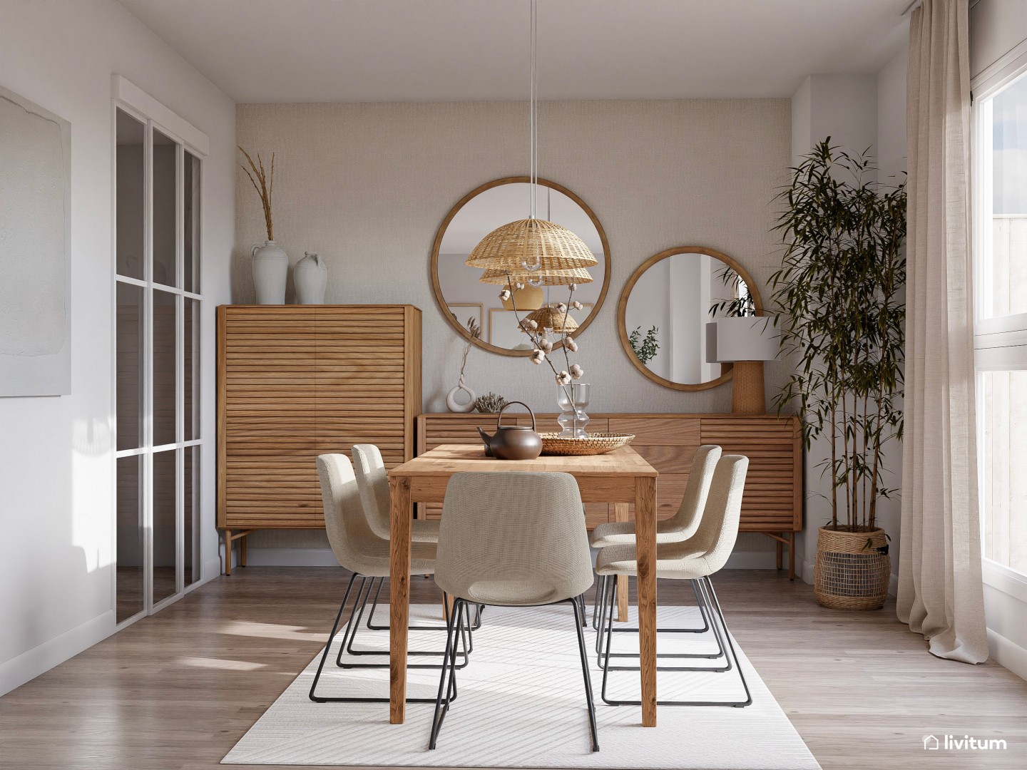 Salón comedor nórdico en beige, arenas y maderas claras - Livitum.com