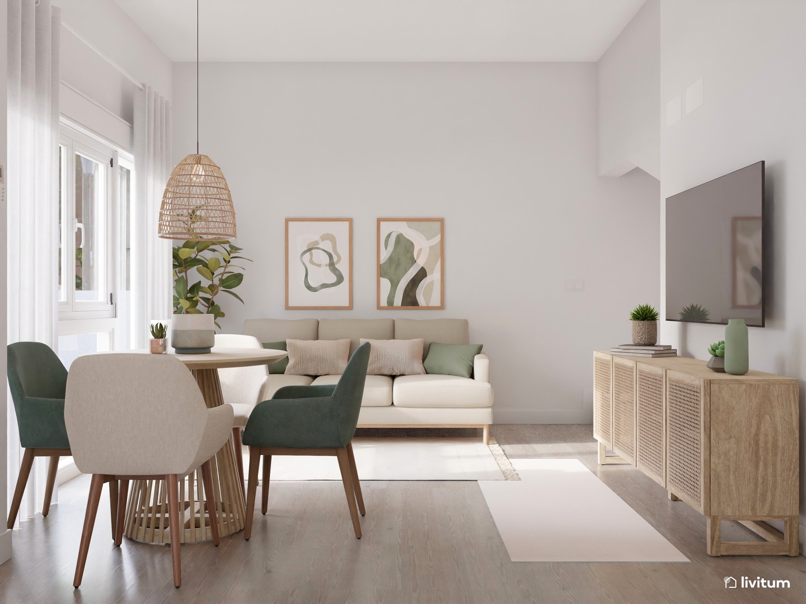 Salón comedor nórdico en beige y verde - Livitum.com
