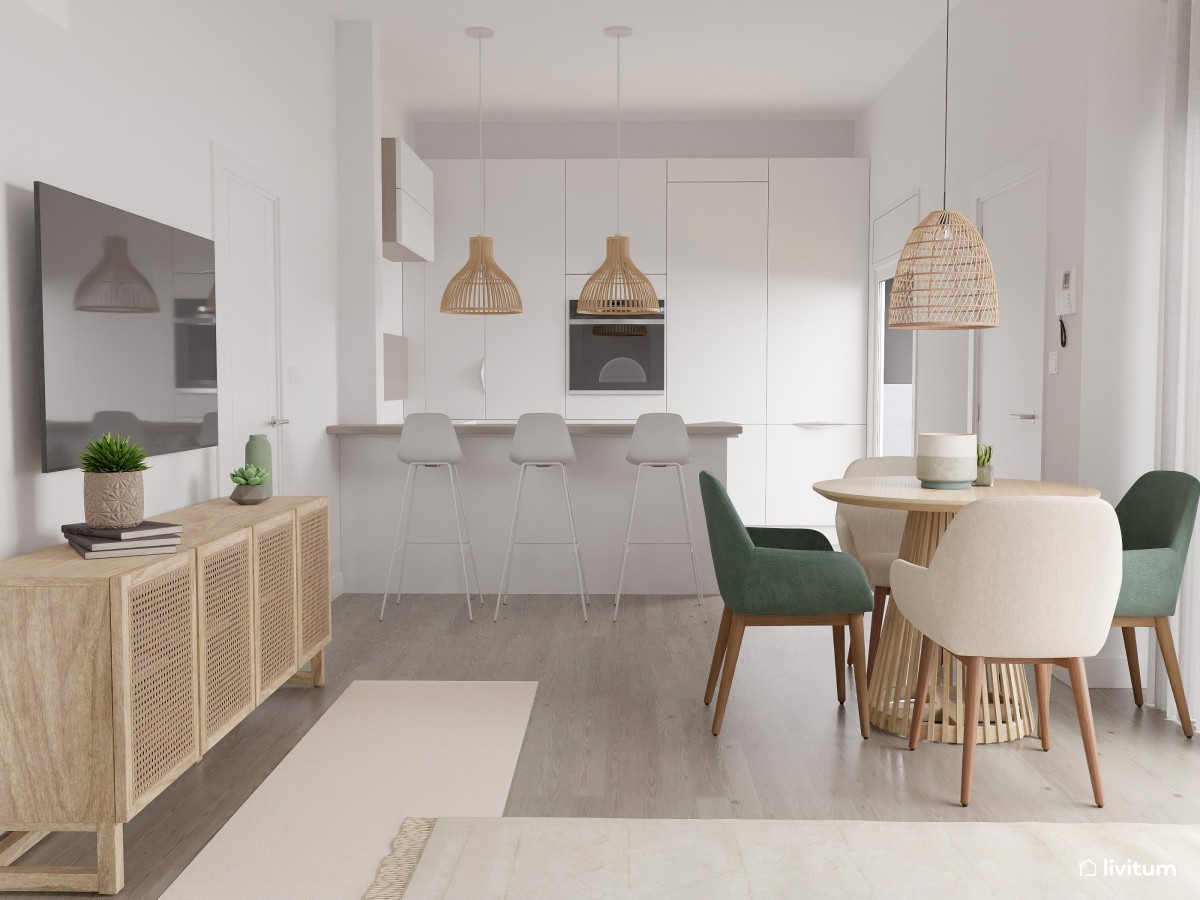 Salón comedor nórdico en beige y verde - Livitum.com