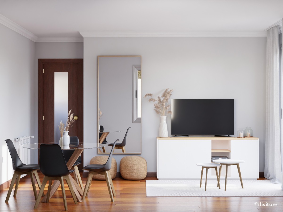 Salón comedor nórdico en blanco, madera y negro