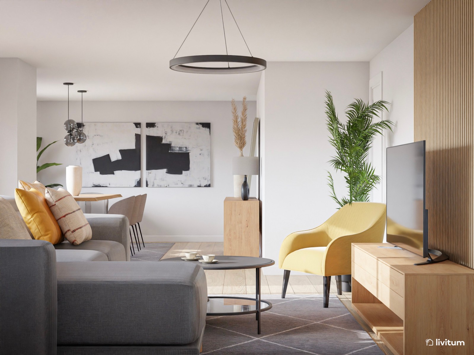Salón comedor nórdico en gris y colores neutros 