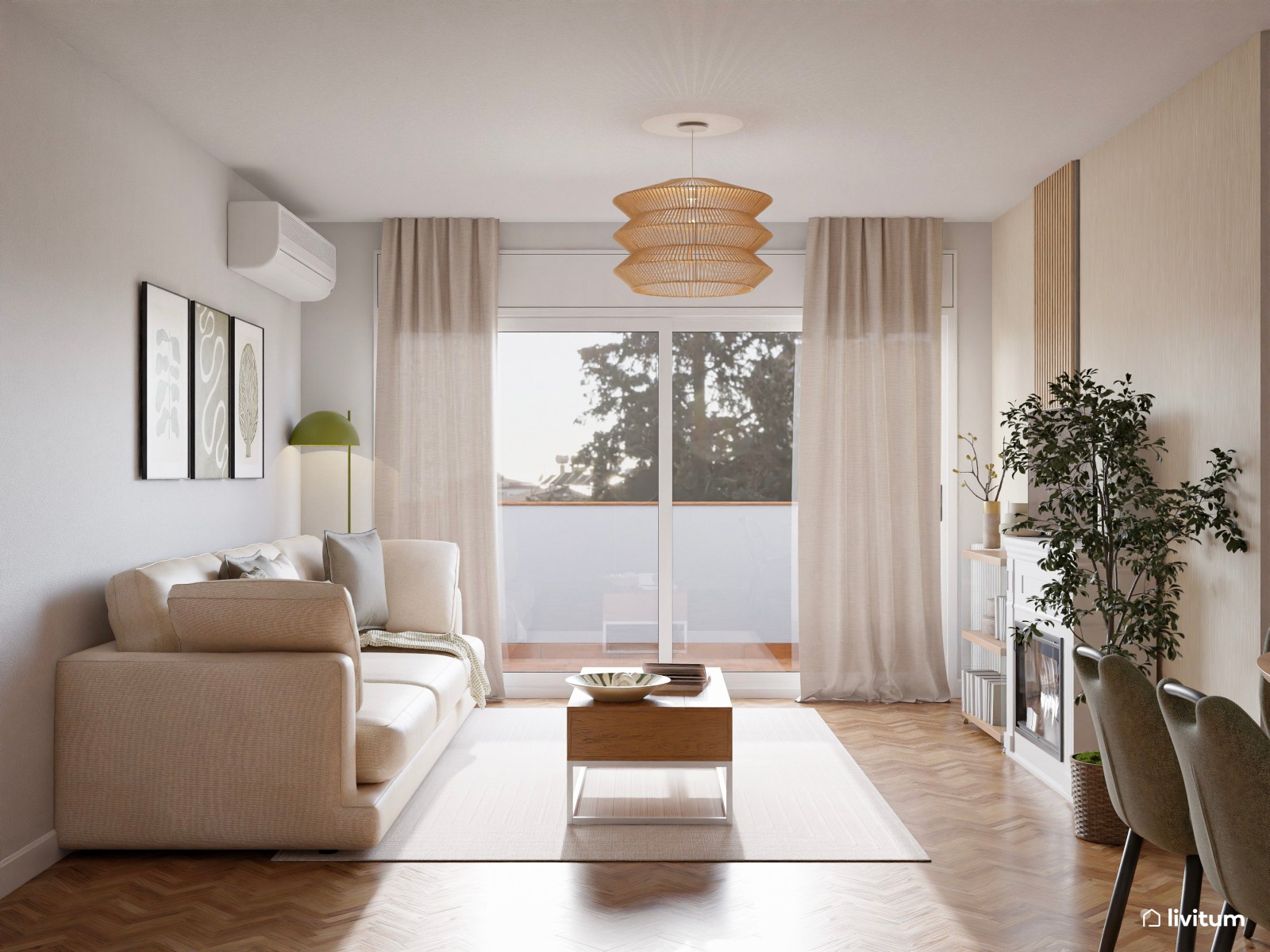 Salón comedor nórdico en madera + verde y mesa ovalada 