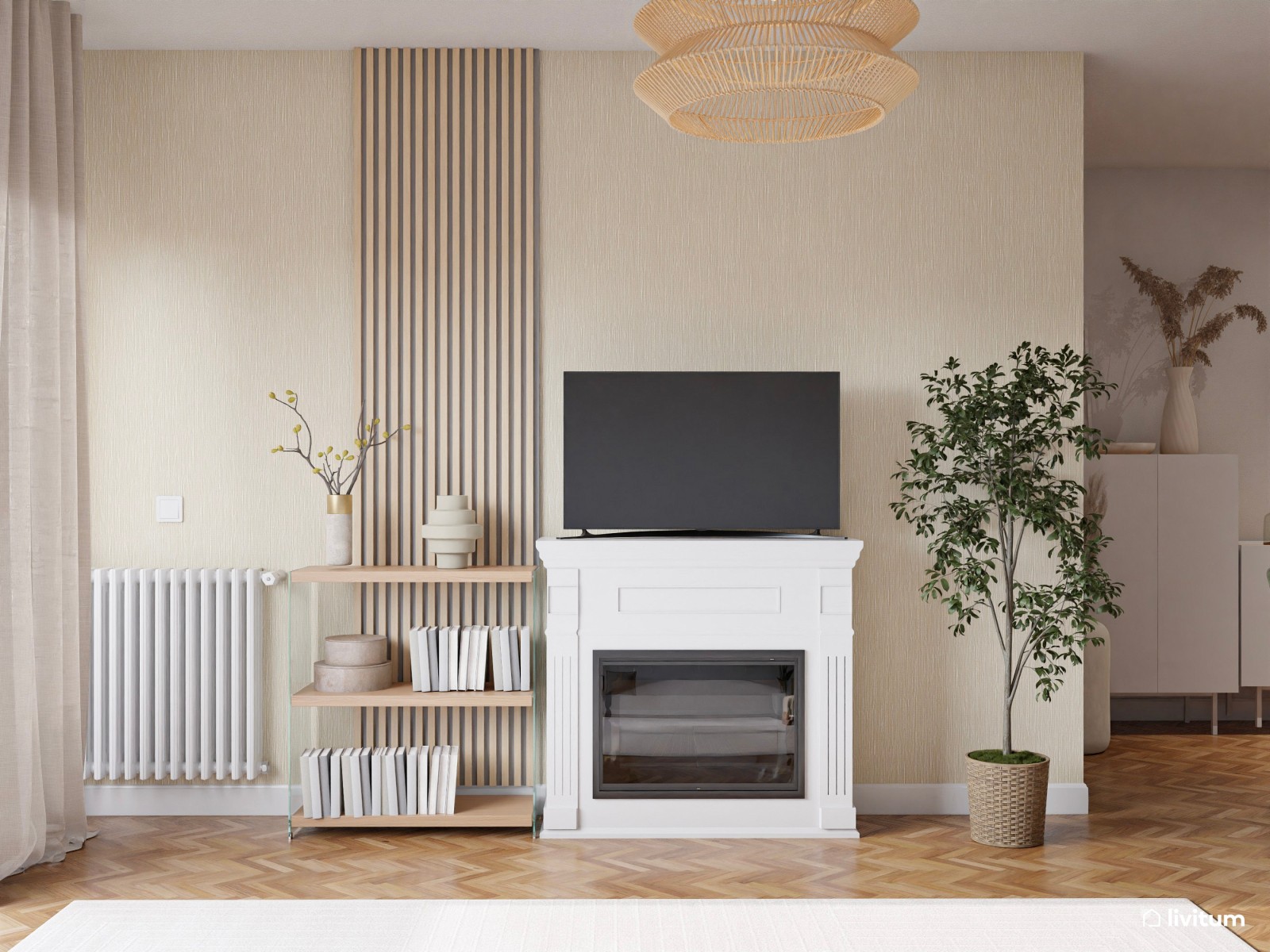 Salón comedor nórdico en madera + verde y mesa ovalada 