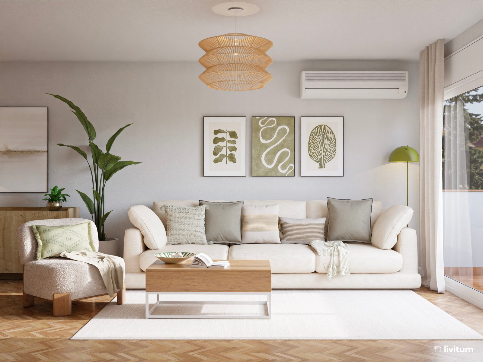 Salón comedor nórdico en madera + verde y mesa ovalada 