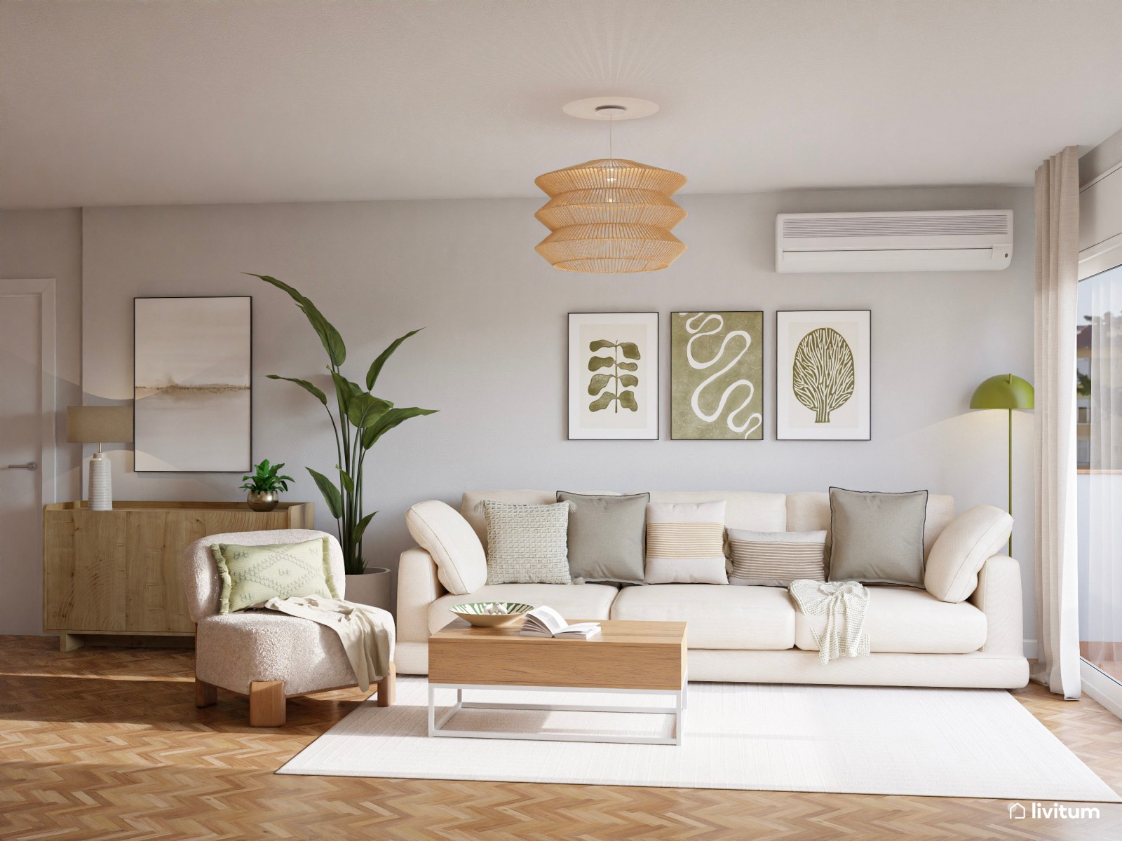 Salón comedor nórdico en madera + verde y mesa ovalada 