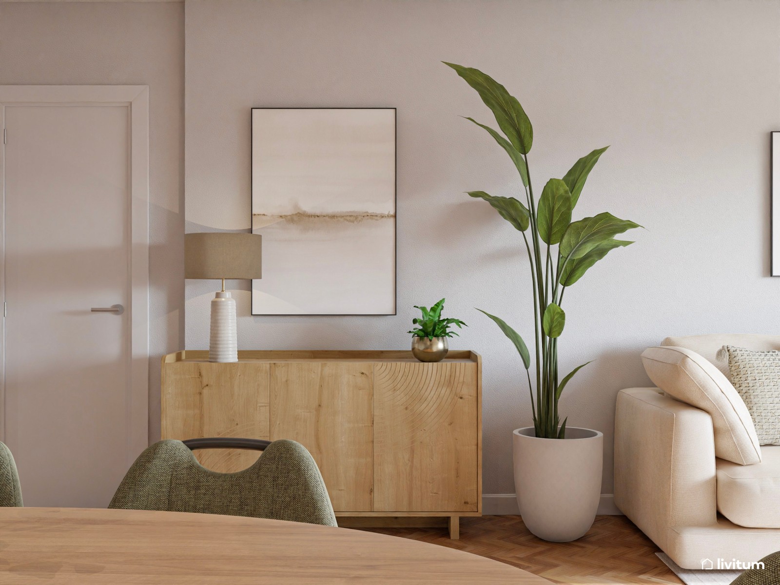 Salón comedor nórdico en madera + verde y mesa ovalada 