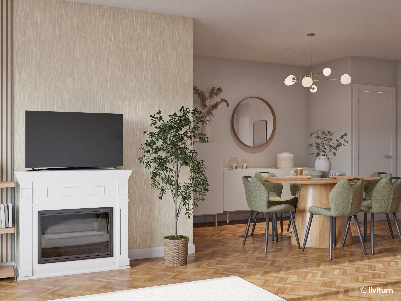 Salón comedor nórdico en madera + verde y mesa ovalada 