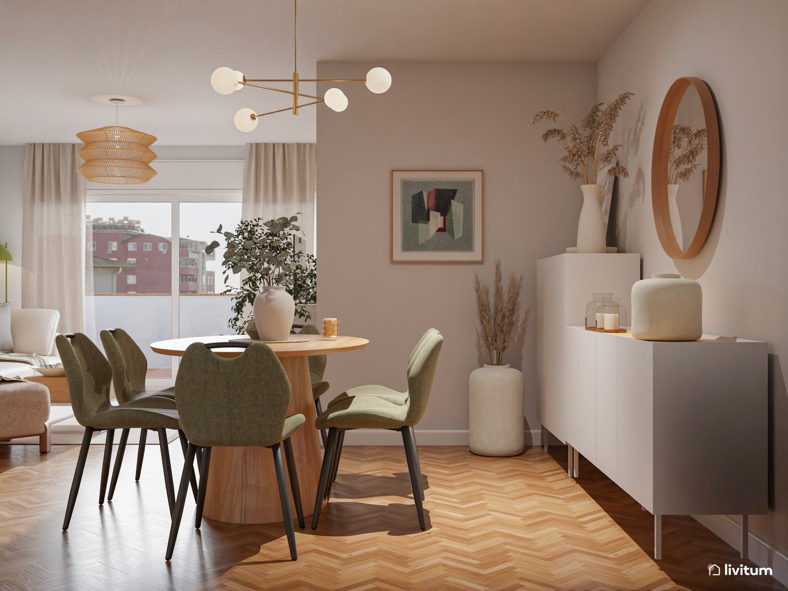 Salón comedor nórdico en madera + verde y mesa ovalada 