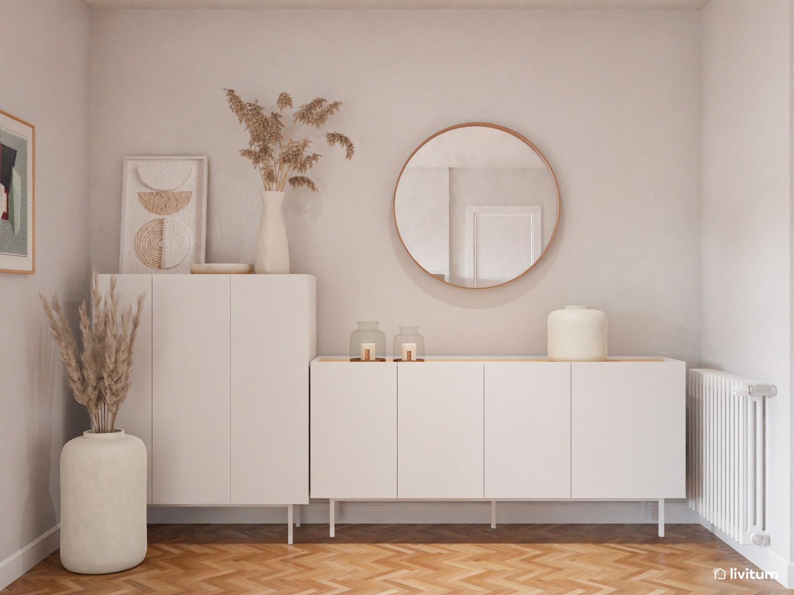 Salón comedor nórdico en madera + verde y mesa ovalada 