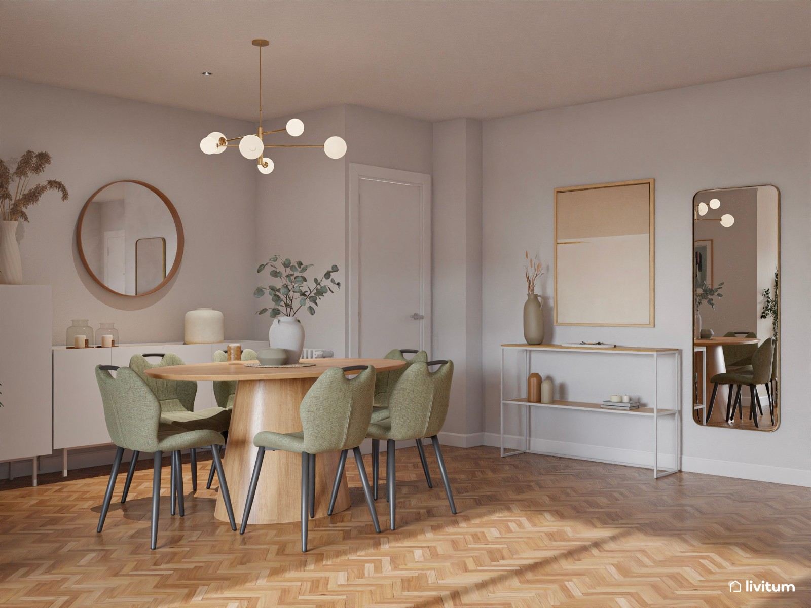 Salón comedor nórdico en madera + verde y mesa ovalada 