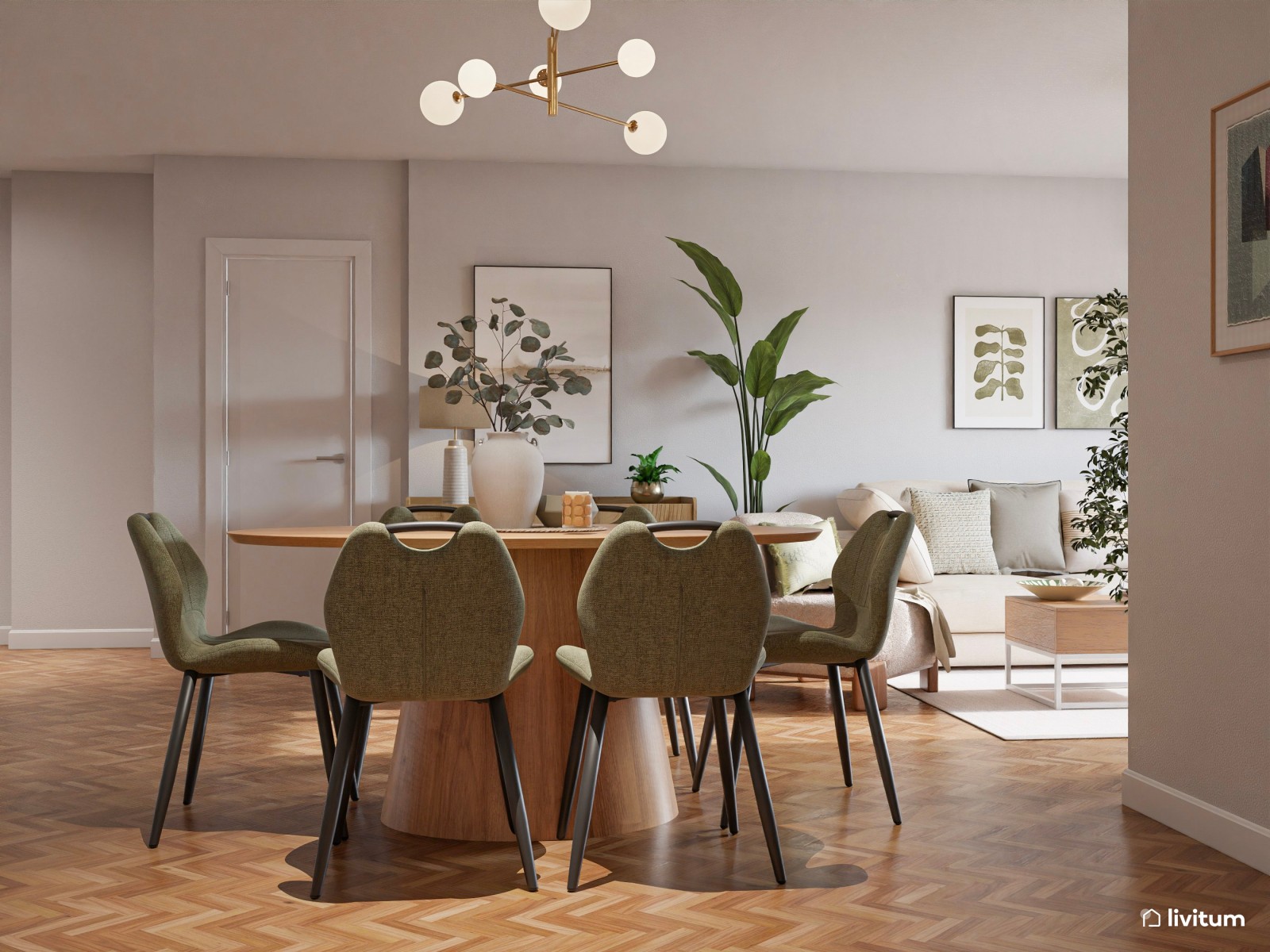Salón comedor nórdico en madera + verde y mesa ovalada 