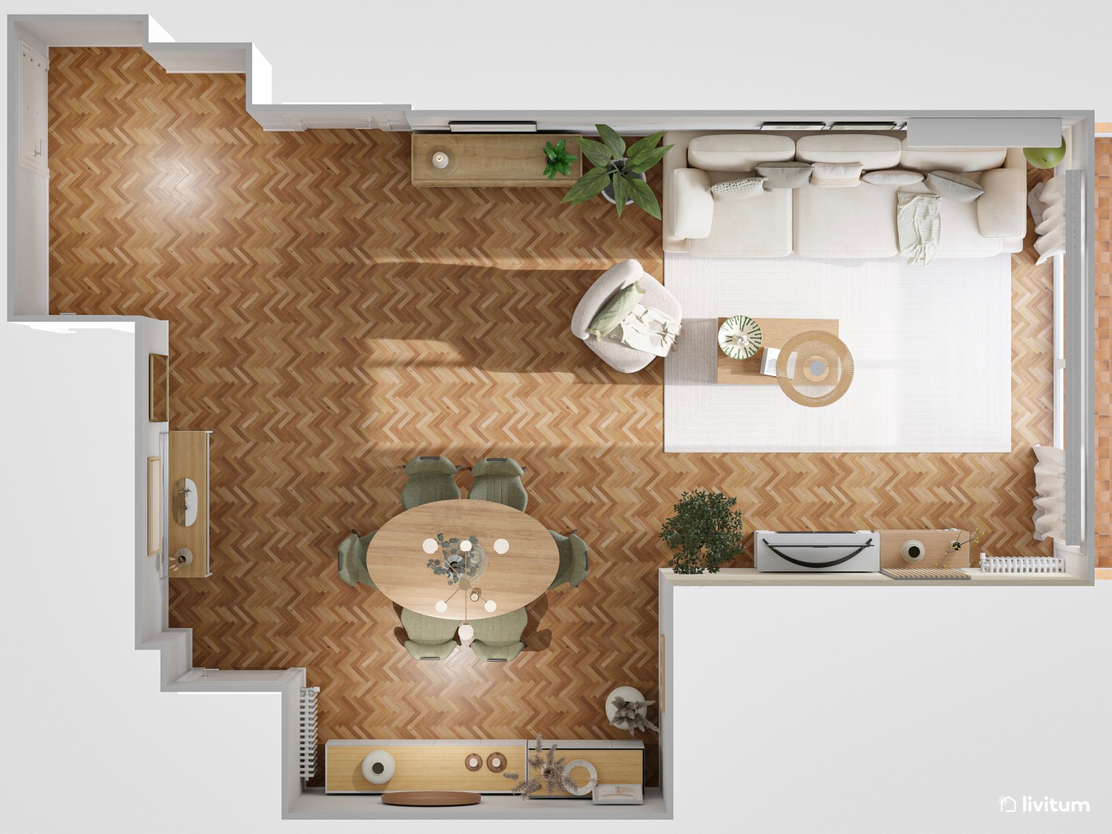 Salón comedor nórdico en madera + verde y mesa ovalada 