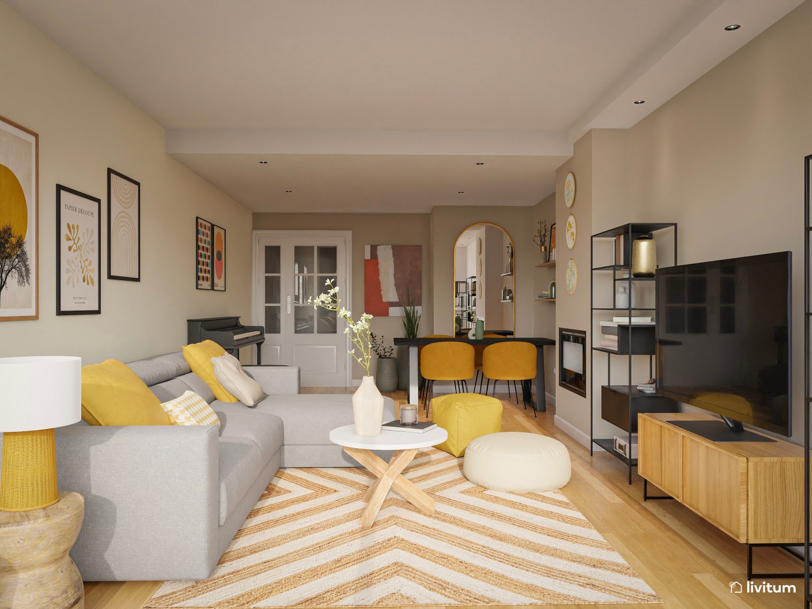 Salón comedor nórdico en madera y amarillo 
