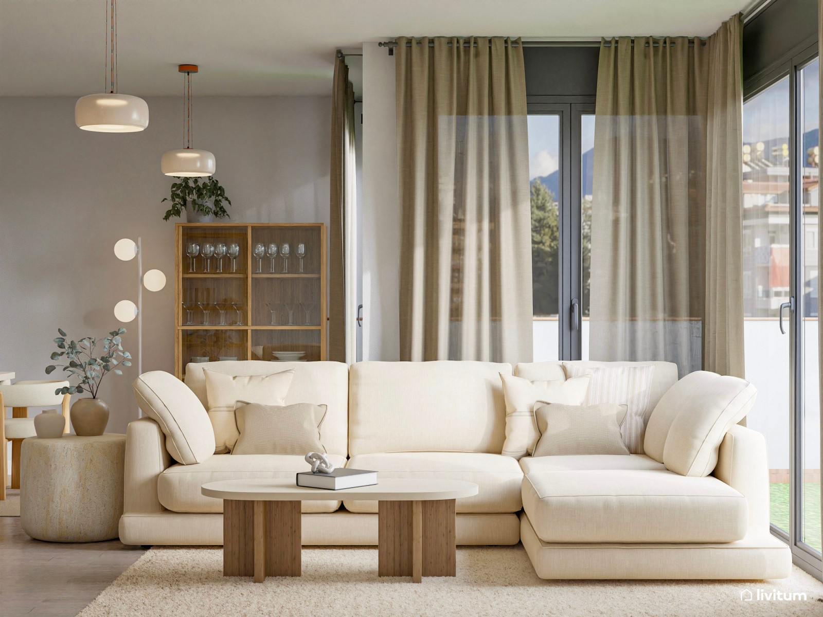 Salón comedor nórdico en tono crema y acogedora zona de TV 