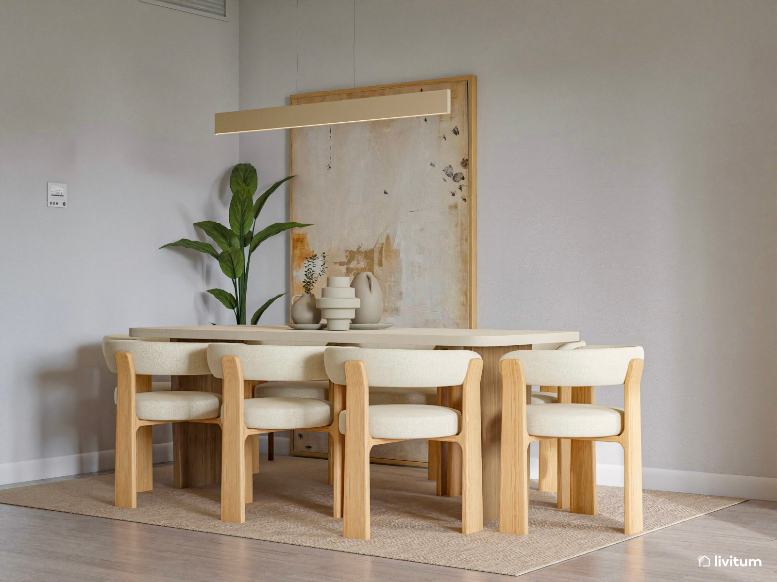 Salón comedor nórdico en tono crema y acogedora zona de TV 