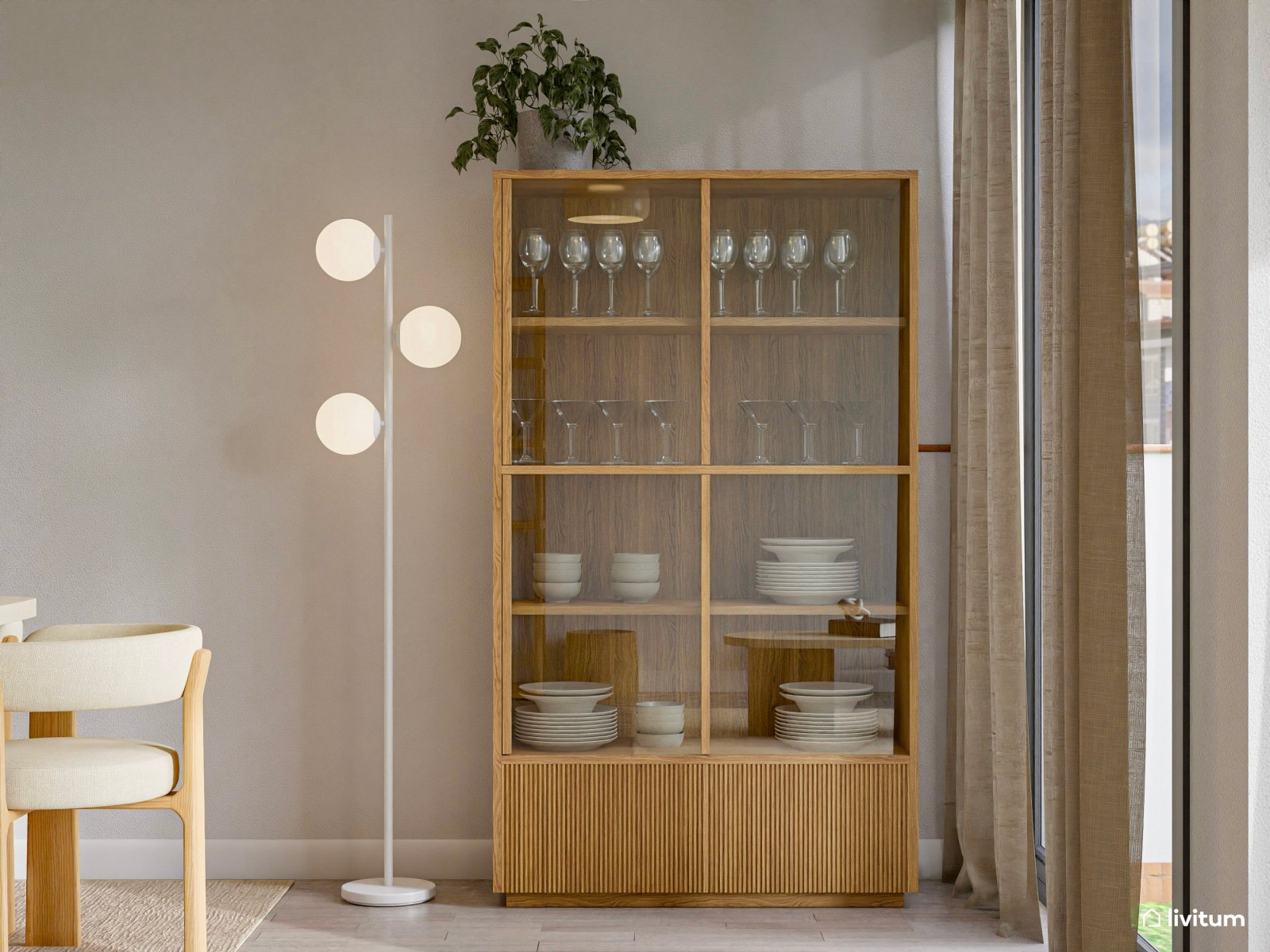 Salón comedor nórdico en tono crema y acogedora zona de TV 