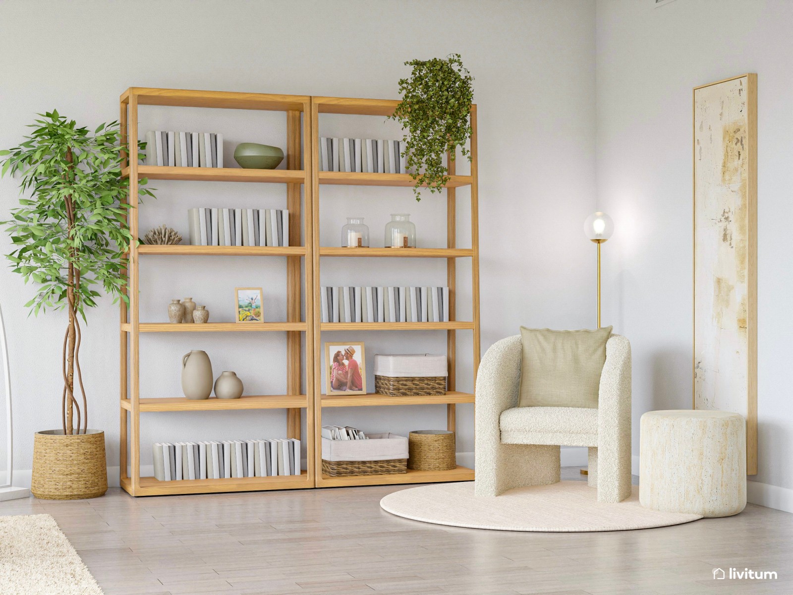 Salón comedor nórdico en tono crema y acogedora zona de TV 