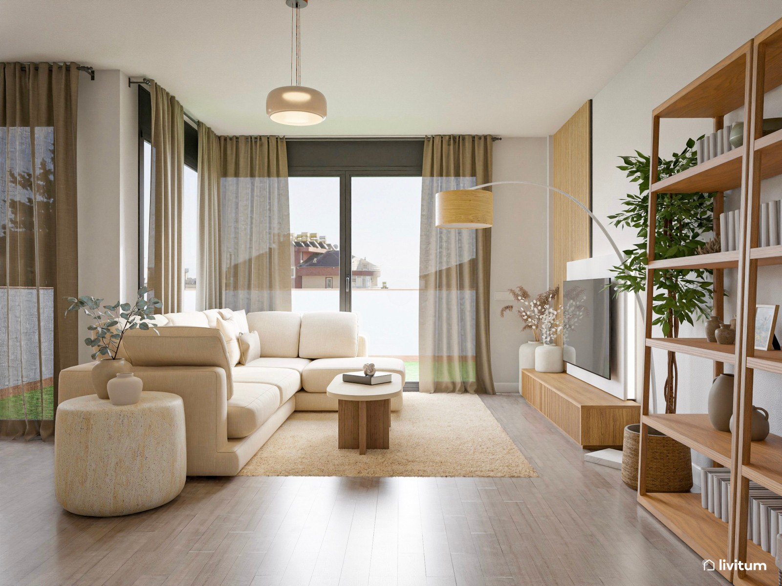 Salón comedor nórdico en tono crema y acogedora zona de TV 