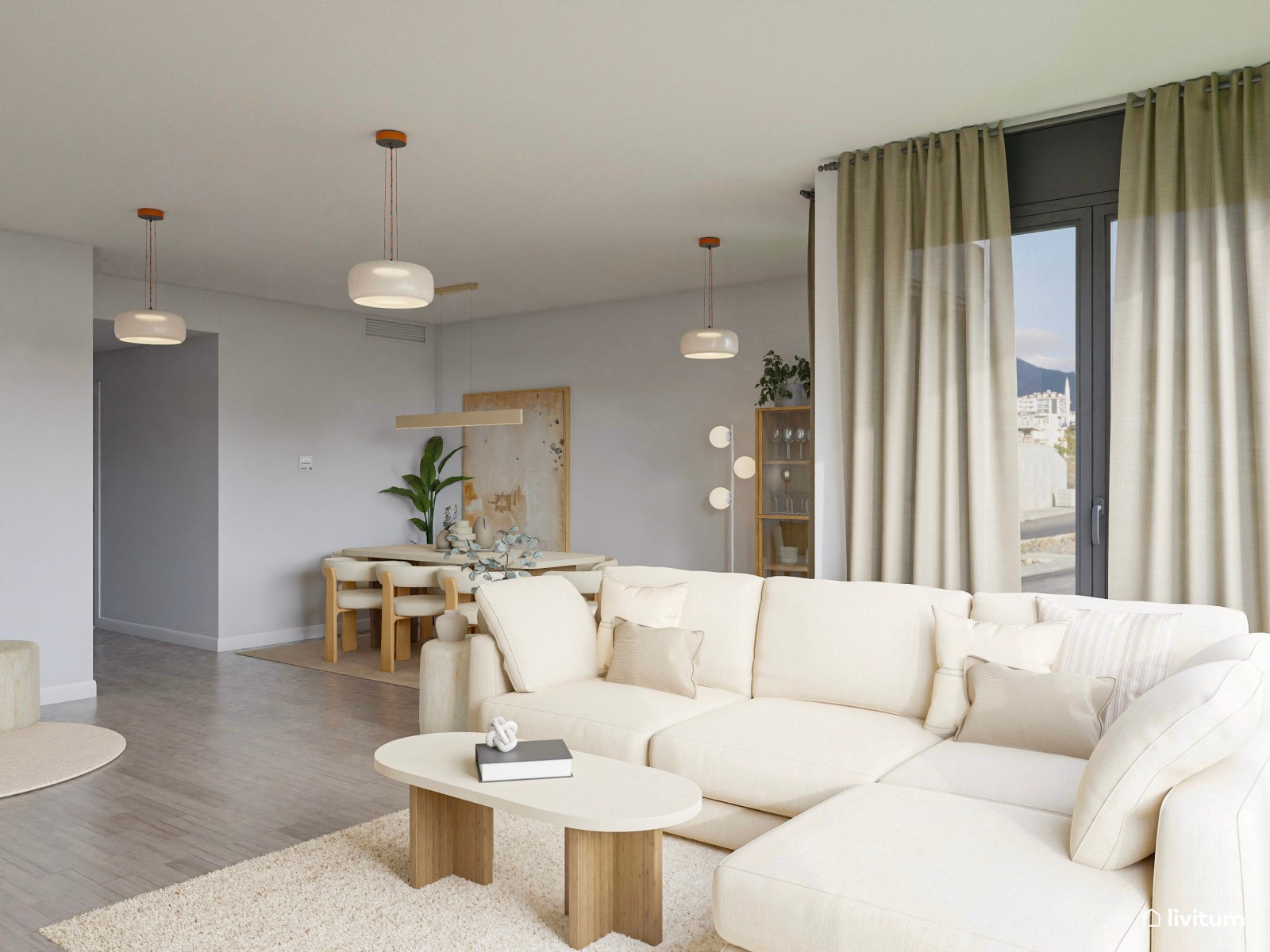 Salón comedor nórdico en tono crema y acogedora zona de TV 