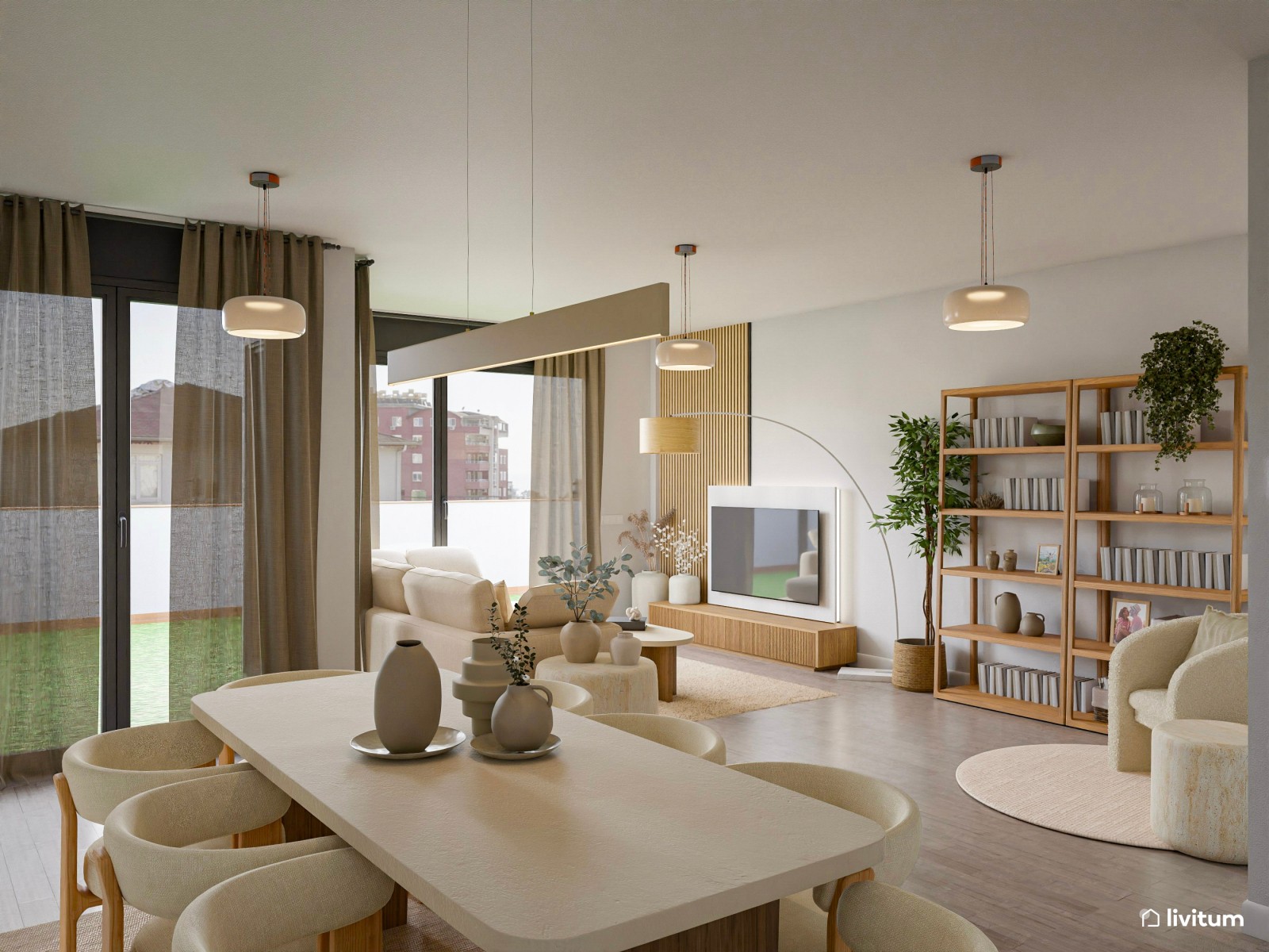 Salón comedor nórdico en tono crema y acogedora zona de TV 