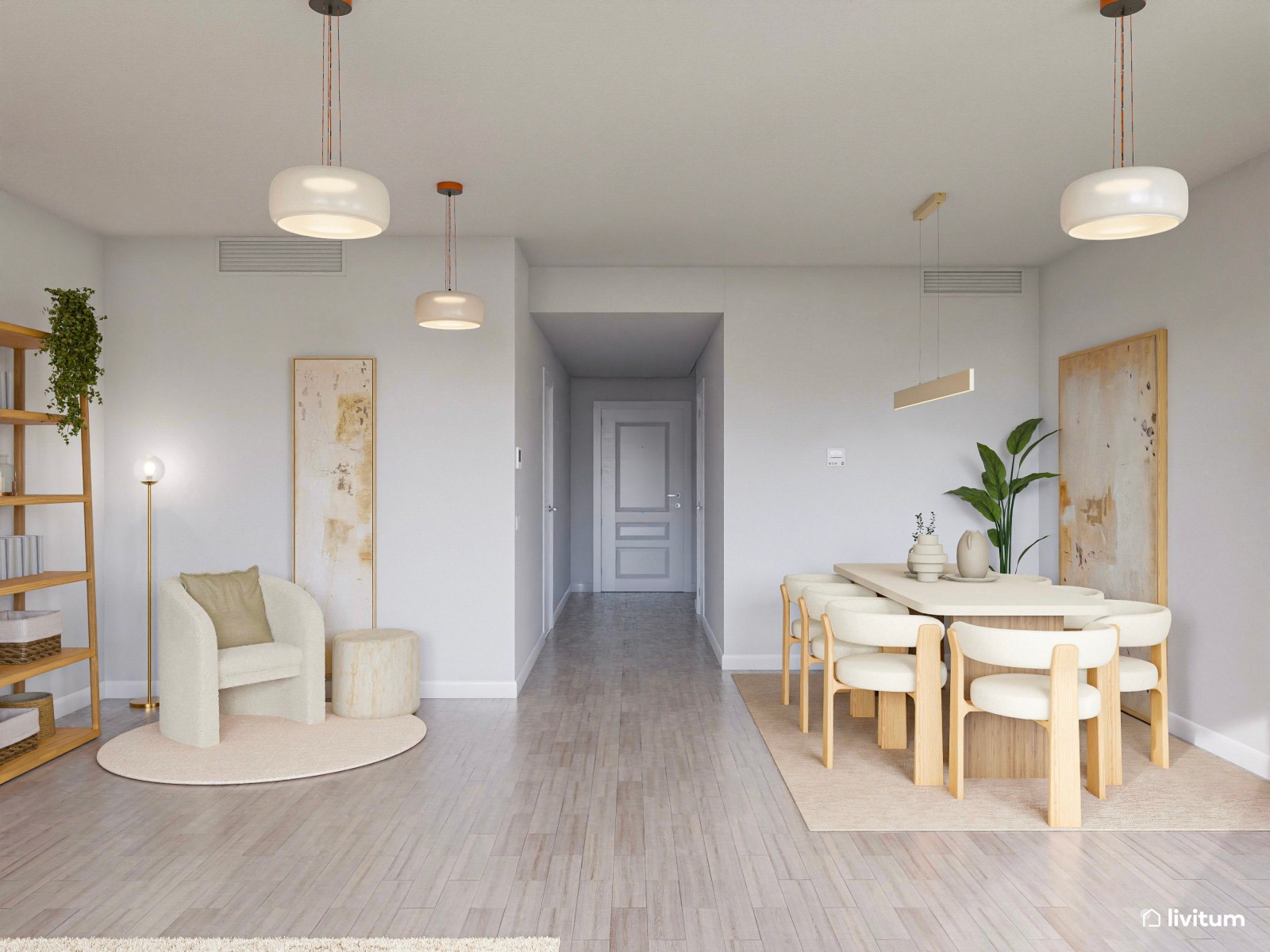 Salón comedor nórdico en tono crema y acogedora zona de TV 