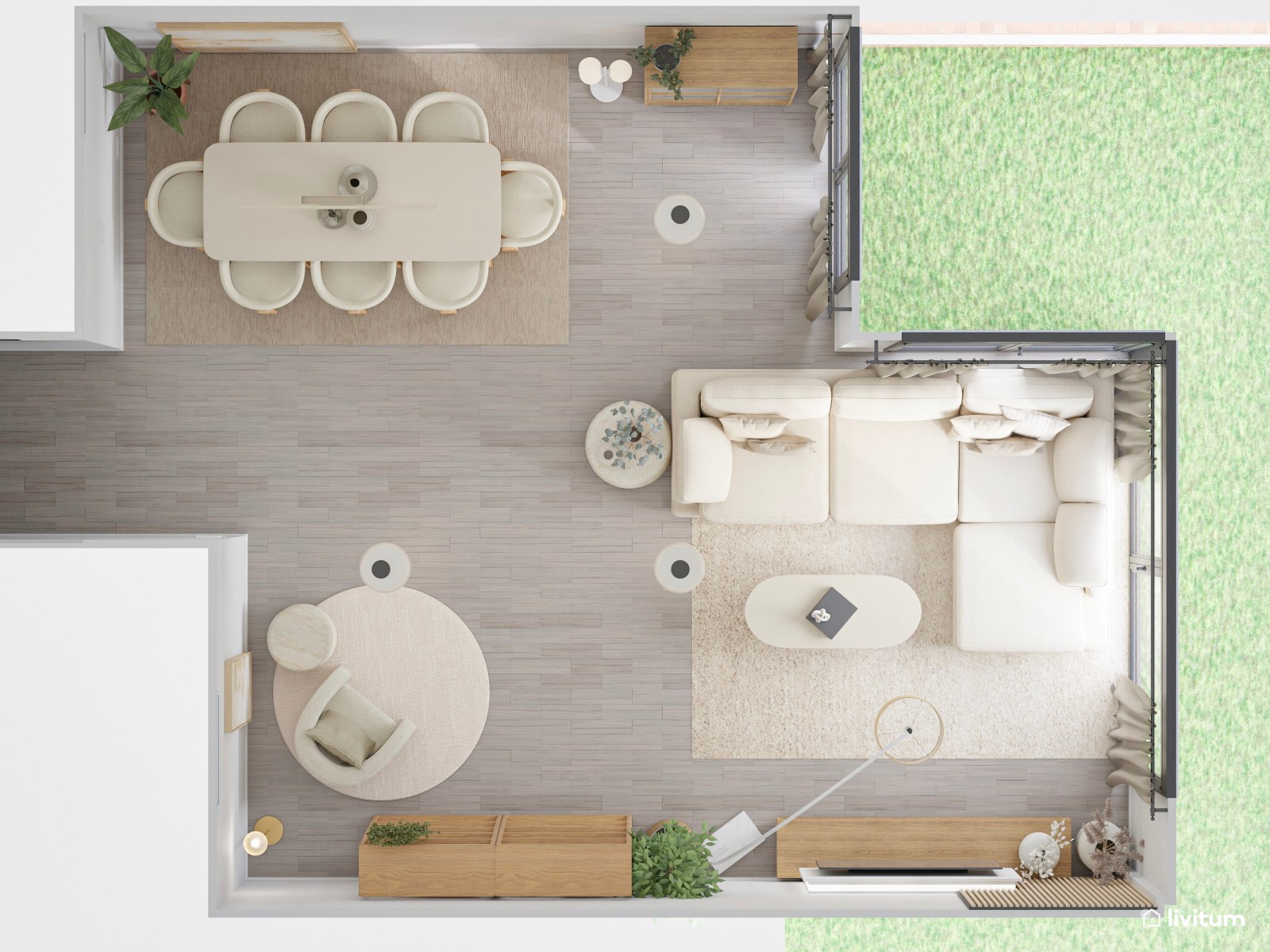 Salón comedor nórdico en tono crema y acogedora zona de TV 