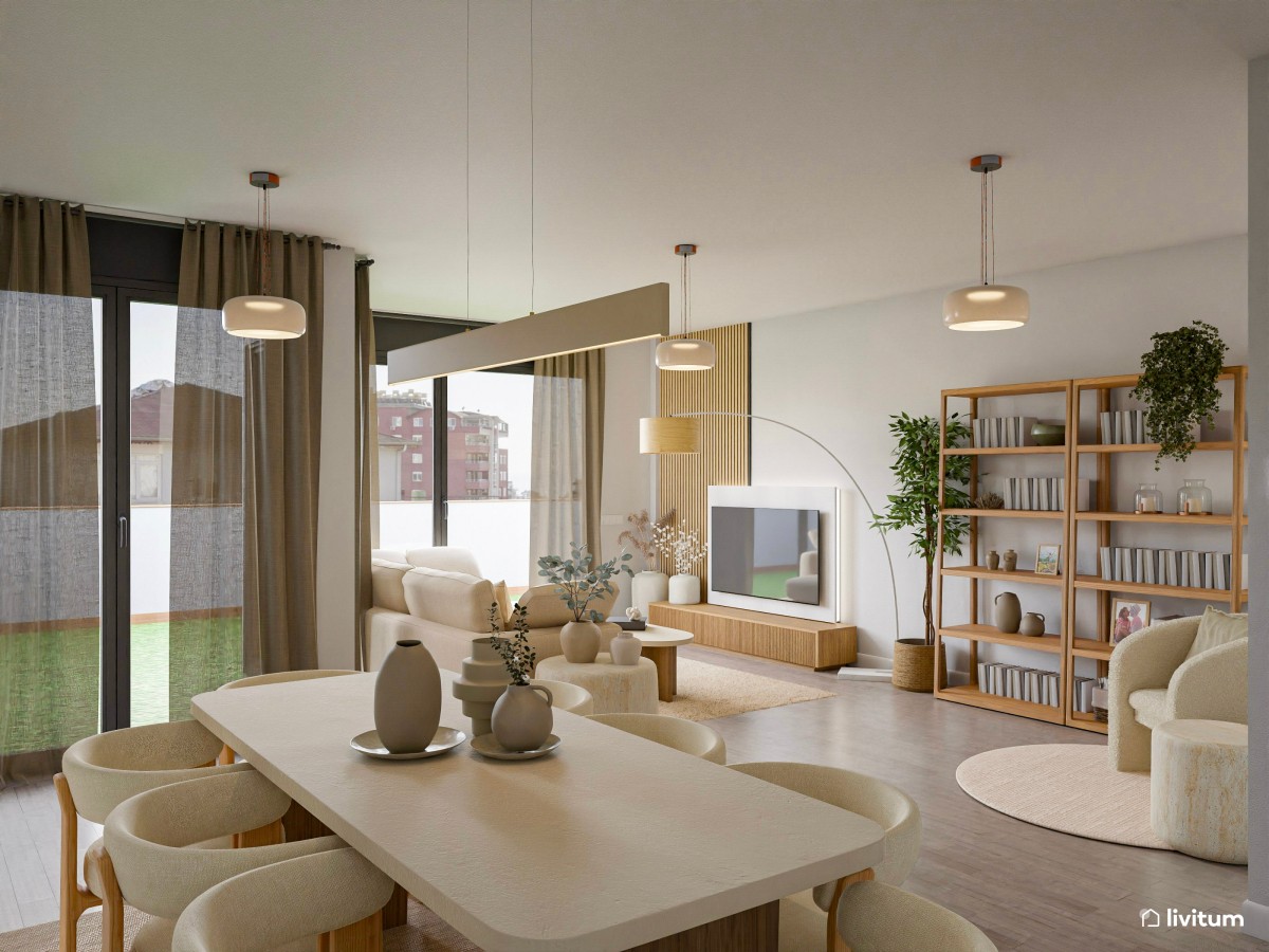 Salón comedor nórdico en tono crema y acogedora zona de TV