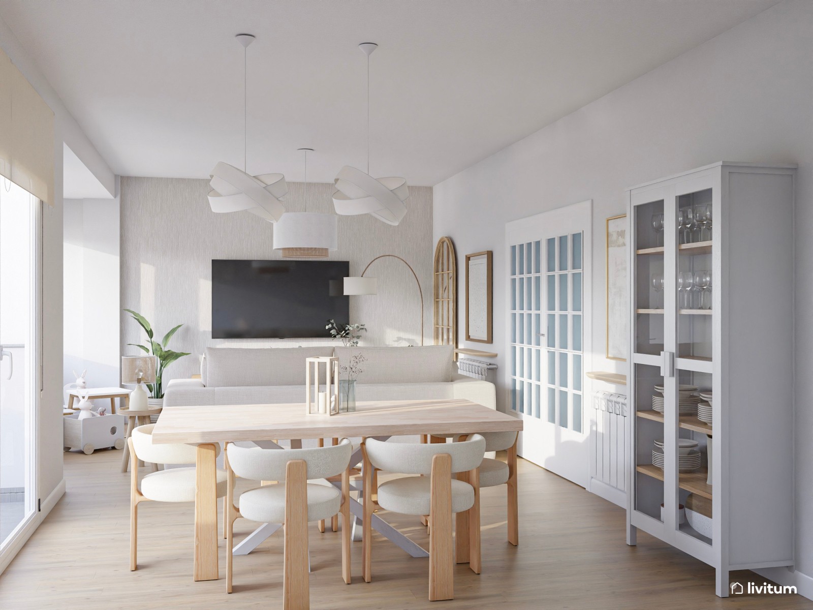 Salón comedor nórdico en tonos claros con zona de juego infantil