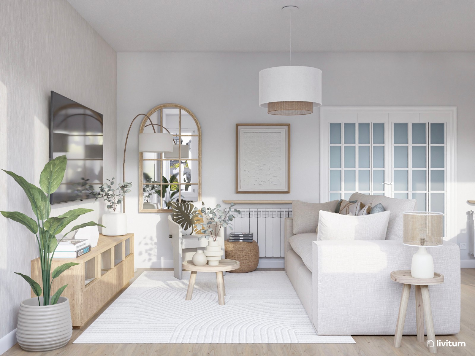 Salón comedor nórdico en tonos claros con zona de juego infantil