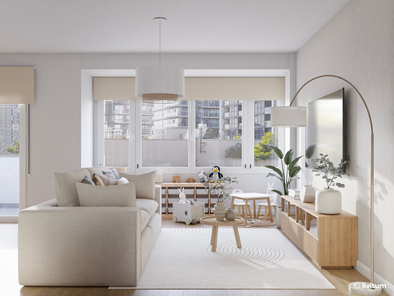 Salón comedor nórdico en tonos claros con zona de juego infantil