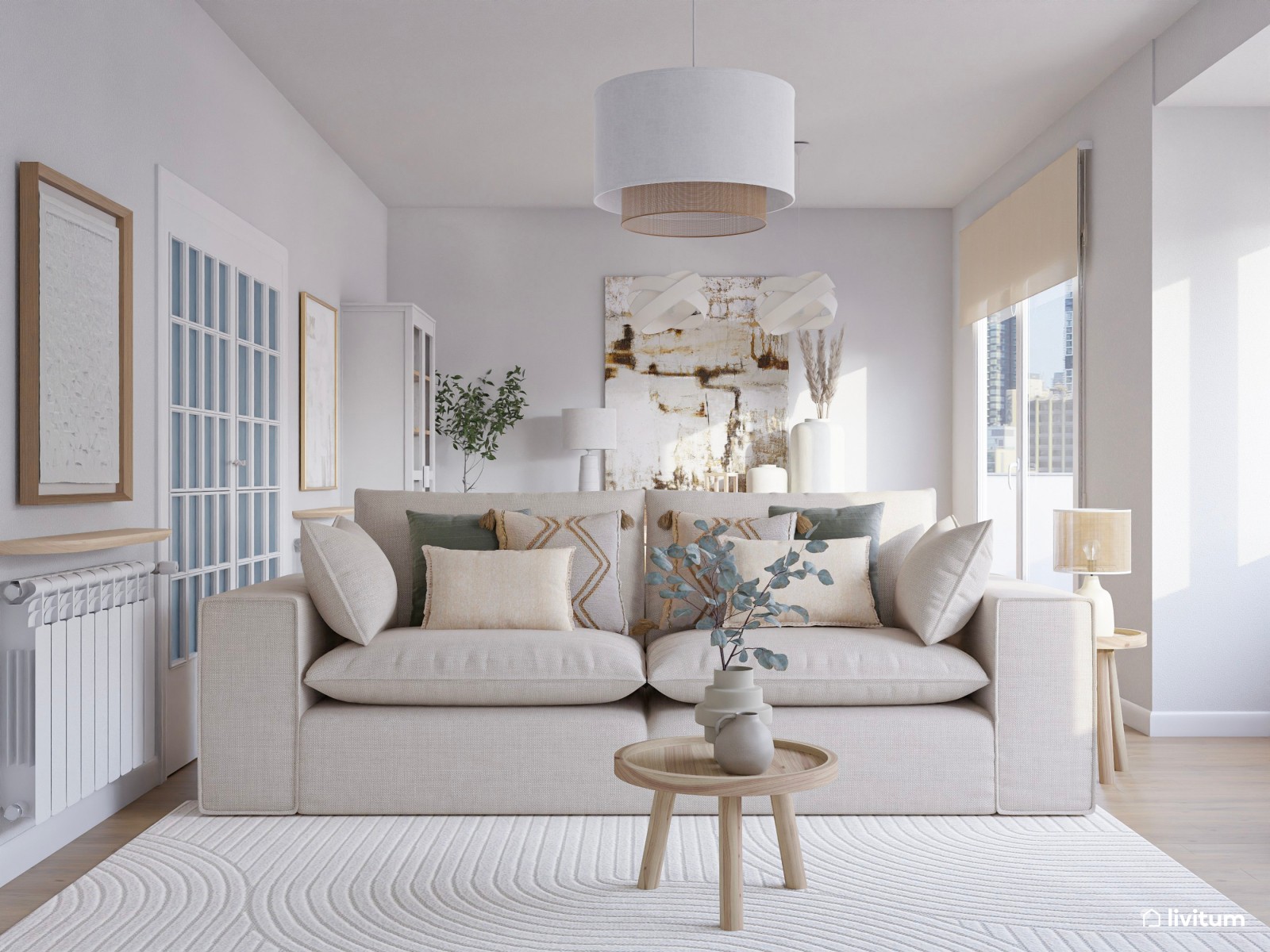 Salón comedor nórdico en tonos claros con zona de juego infantil