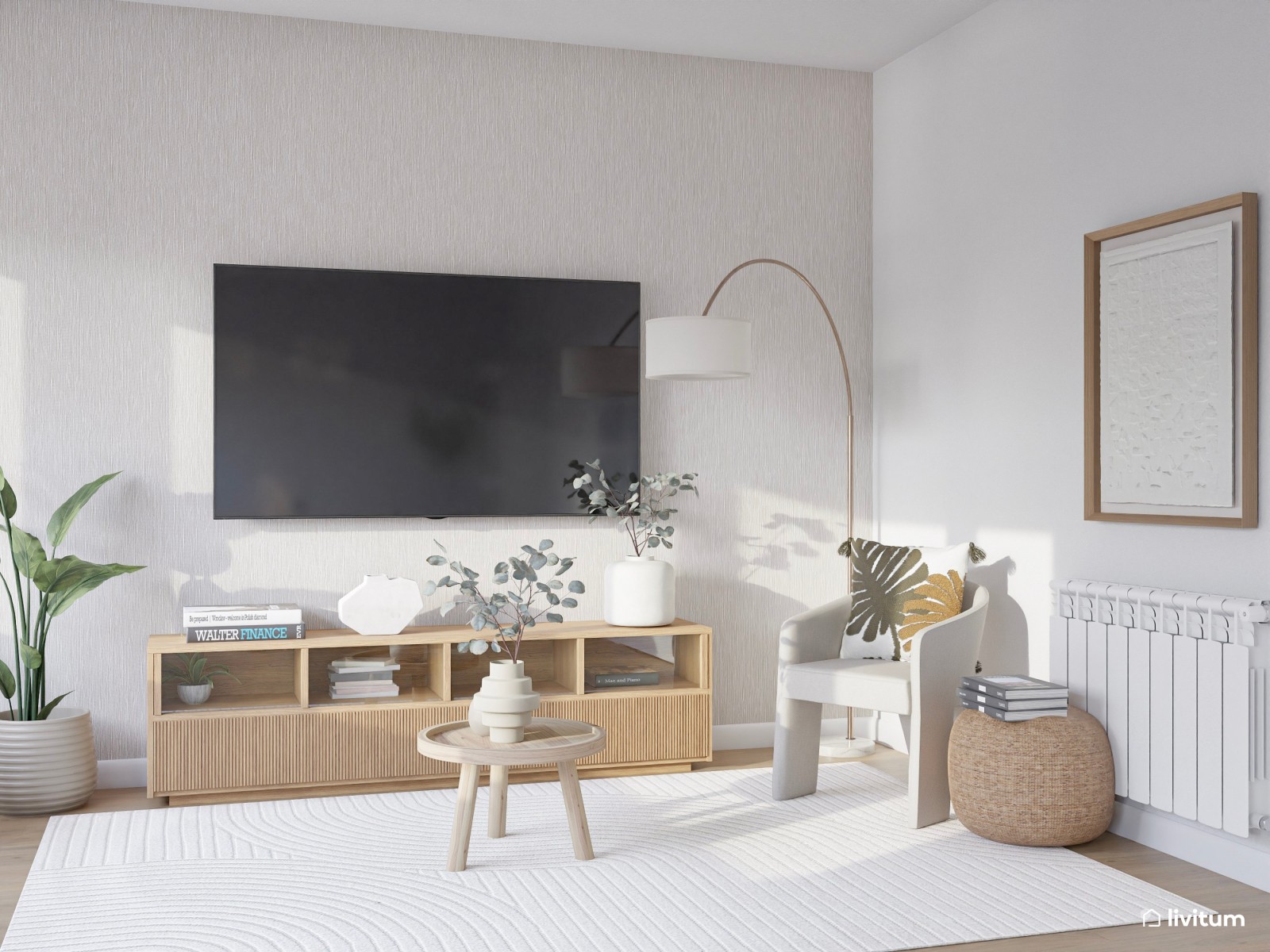 Salón comedor nórdico en tonos claros con zona de juego infantil